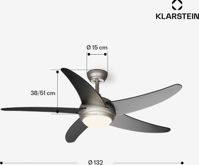 Ventilateur Plafonnier KLARSTEIN Bolero 2en1 132 Cm 55 W App 47 DB Noir