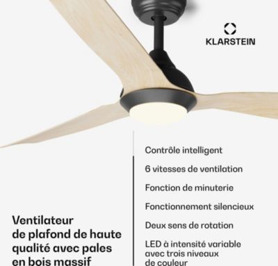Ventilateur Plafonnier KLARSTEIN FijiFlow 2en1 132cm 80W LED App Bois
