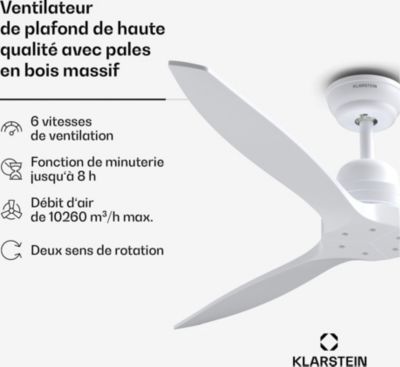 Ventilateur Plafonnier KLARSTEIN Santa Elena Plafond 132cm 40W Bois Blanc