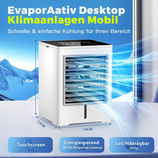 Climatiseur Mobile, 3 En 1 Mini Ventilateur Portable USB Avec Eau, 470ml, 3 Vitesses Et Minuterie, Sans Évacuation, Écran Tactile, Petit Rafraichisseur D'air Pour Chambre, Bureau Et Maison (Blanc)