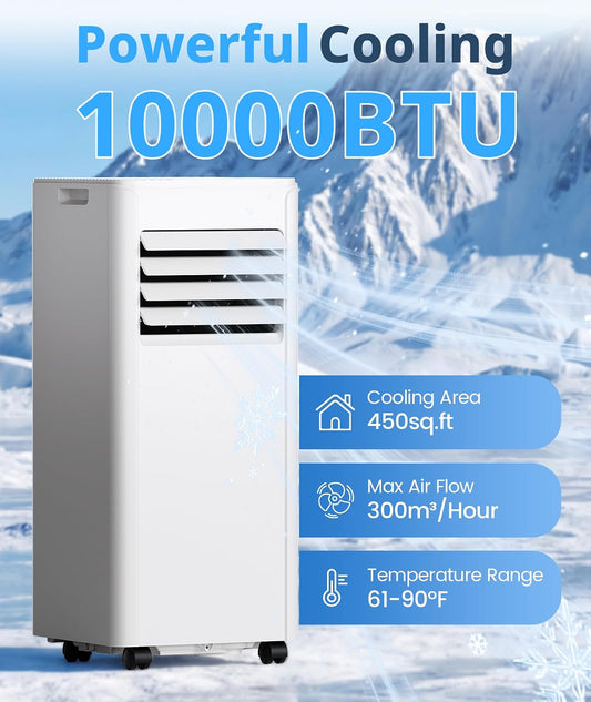 Climatiseur Portable 10 000 BTU Pour Pièces Jusqu'à 450 Mètres Carrés, Télécommande, écran LED, Mode 3 En 1, Unités AC Portables Silencieuses Avec Kit De Fenêtre