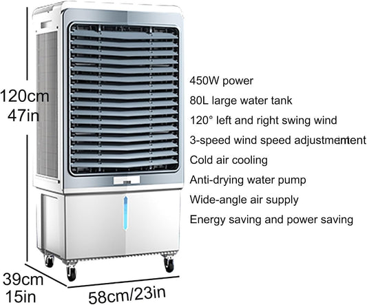 Refroidisseur D'air Par évaporation 4 En 1, Climatiseur Industriel à 3 Vitesses, Avec Réservoir D'eau De 80 L, Oscillation à 120 °, Pour Jardin, Porche, Usine, Bureau Et Commerce.