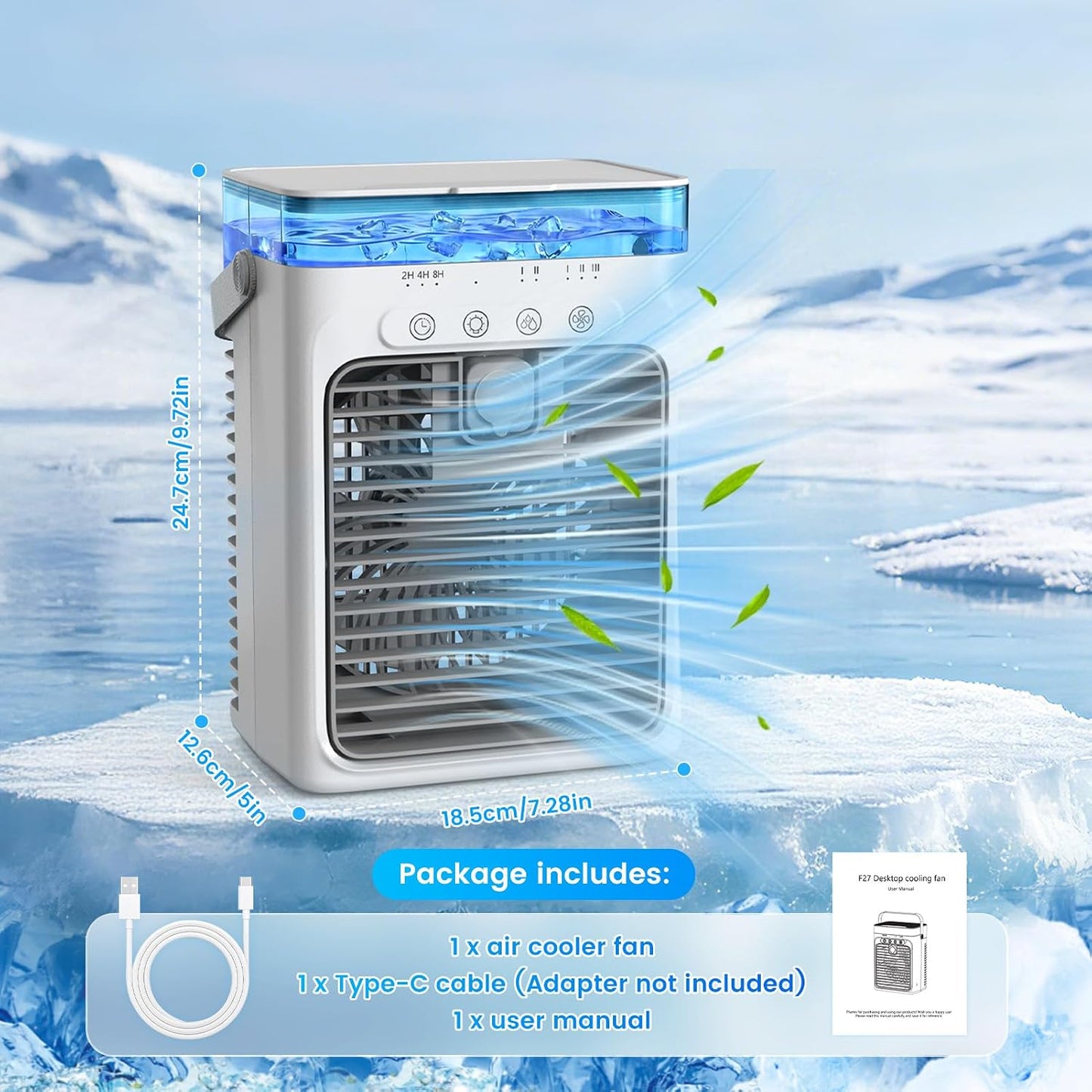 Climatiseur Mobile 4 En 1, Mini Climatiseur Portable Sans Évacuation, Ventilateur Climatiseur USB, 3 Vitesses, 2 Modes Brumisation, Réservoir 1000ML, Minuterie 2/4/8H, Silencieux Pour Chambre Voiture