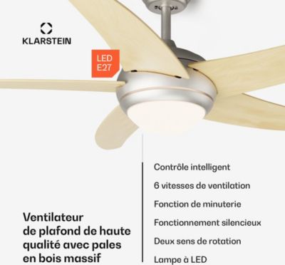  Ventilateur Plafonnier KLARSTEIN Bolero 2en1 132cm 55W Avec LED App Bois