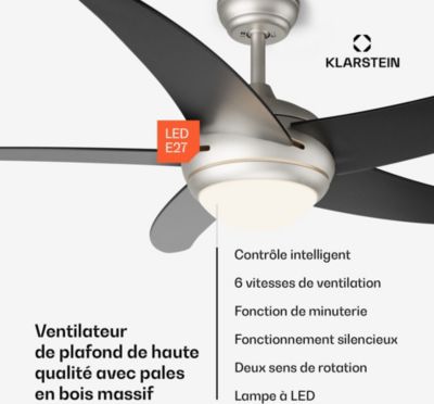  Ventilateur Plafonnier KLARSTEIN Bolero 2en1 132 Cm 55 W App 47 DB Noir