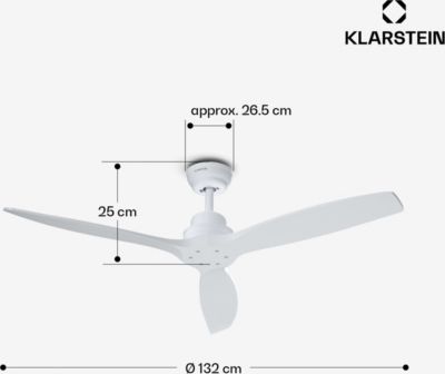  Ventilateur Plafonnier KLARSTEIN Santa Elena Plafond 132cm 40W Bois Blanc