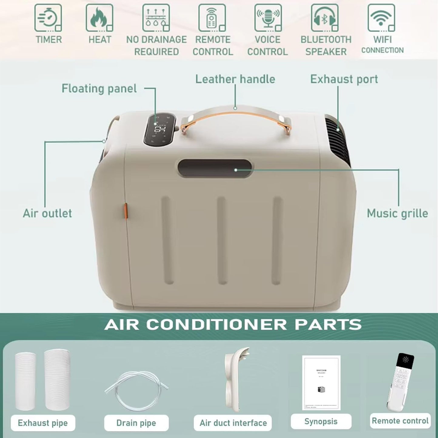  Climatiseur Mobile Camping 4800BTU,Module Chauffage Amovible, 3 Vitesses,Minuterie 24H,Nuisance ≤40dB,Boîtier Résistant,pour Tente Caravane Camping-Car Vanlife Cooling&Heating