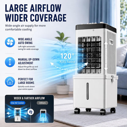  Rafraîchisseur D'Air Évaporatif, 15L Portable Avec Oscillation Auto 120°, Ventilateur Silencieux 3 Vitesses, Modes