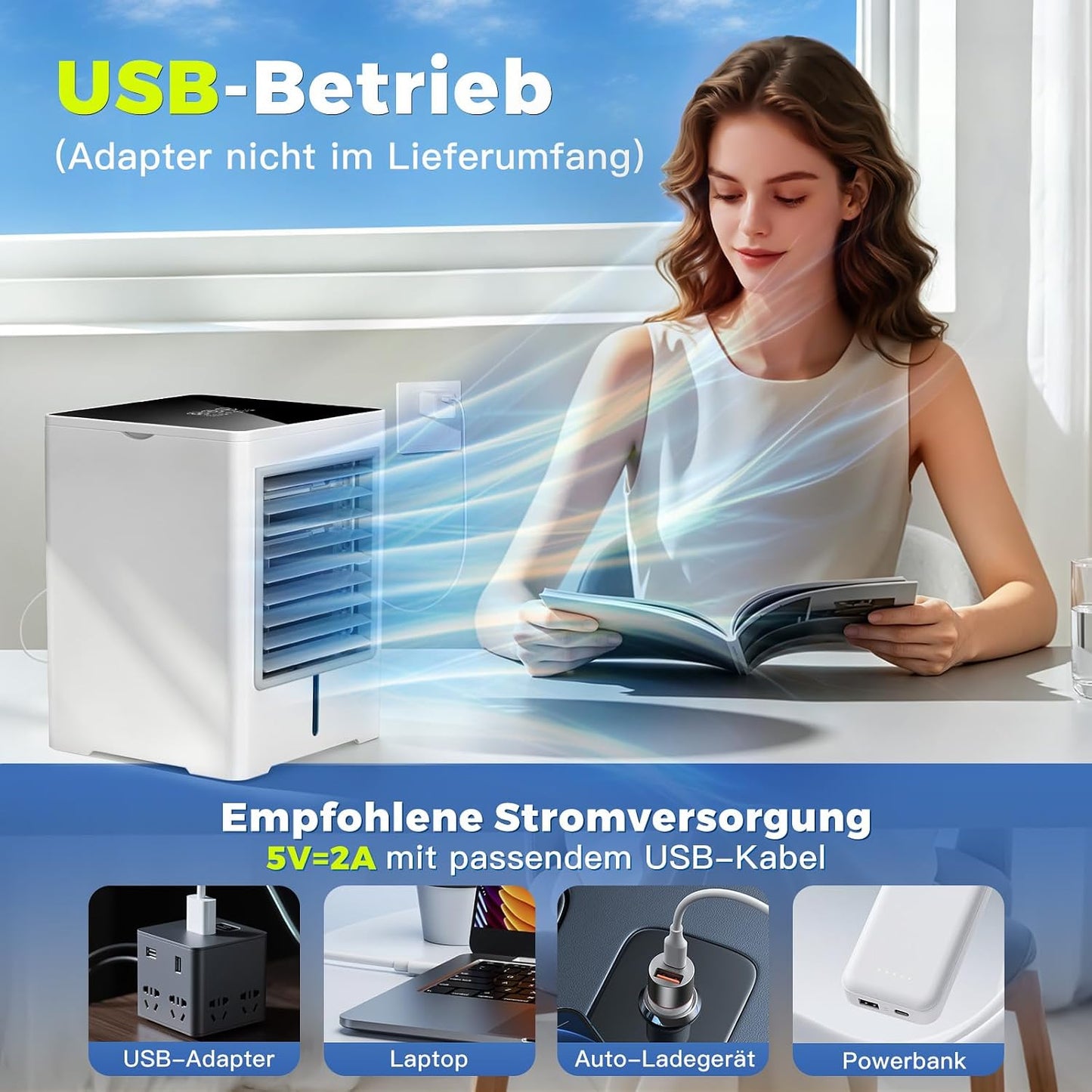  Climatiseur Mobile, 3 En 1 Mini Ventilateur Portable USB Avec Eau, 470ml, 3 Vitesses Et Minuterie, Sans Évacuation, Écran Tactile, Petit Rafraichisseur D'air Pour Chambre, Bureau Et Maison (Blanc)