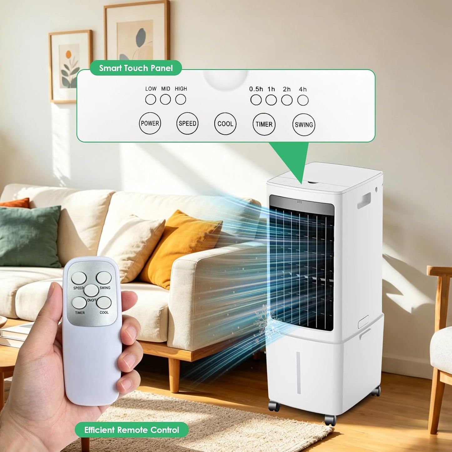  Refroidisseur D'air Portable 12L, Unité Mobile De Climatisation Avec Télécommande, Ventilateur De Tour Sans énergie De 45W, Minuterie De 7.5H, Oscillation, Refroidissement Silencieux Avec 4 Packs De G