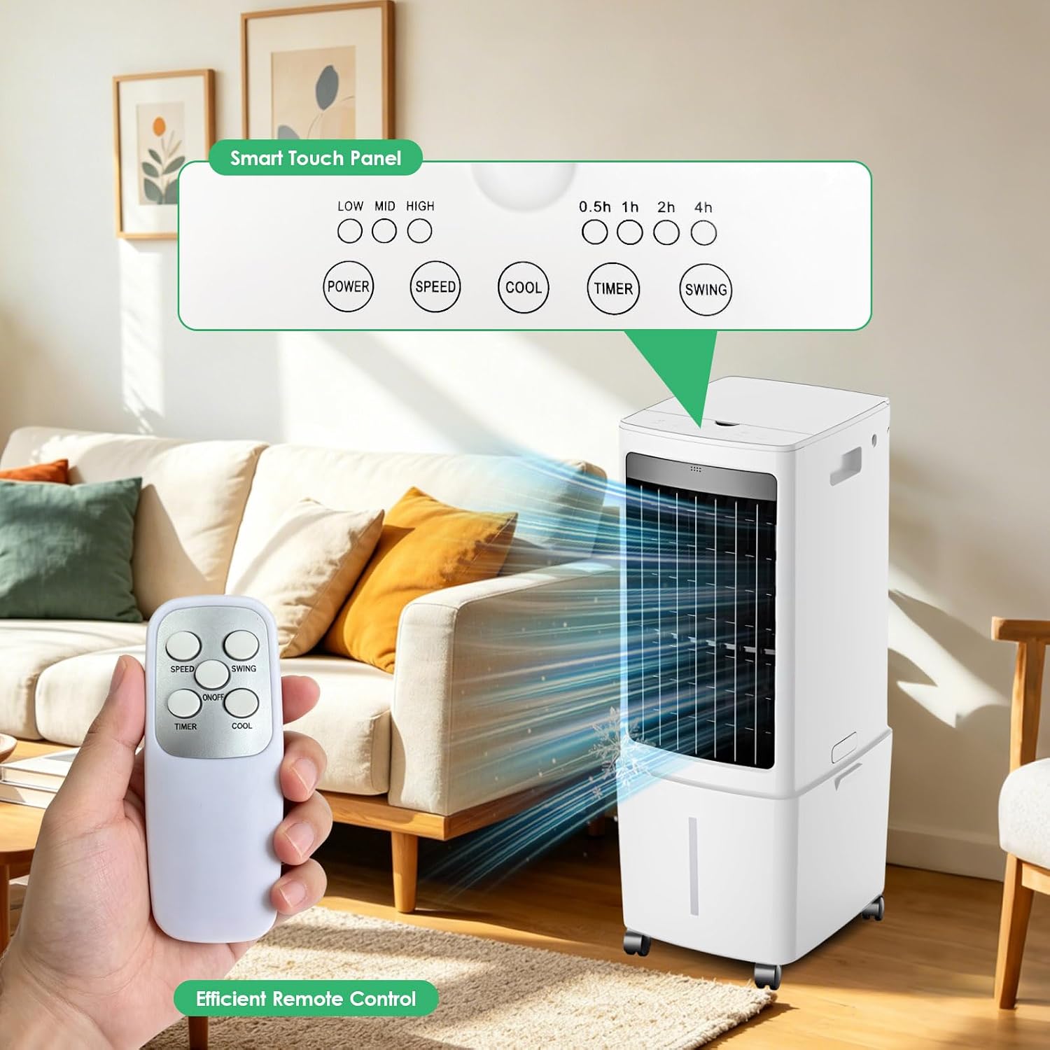  Refroidisseur D'air Portable 12L, Unité Mobile De Climatisation Avec Télécommande, Ventilateur De Tour Sans énergie De 45W, Minuterie De 7.5H, Oscillation, Refroidissement Silencieux Avec 4 Packs De G