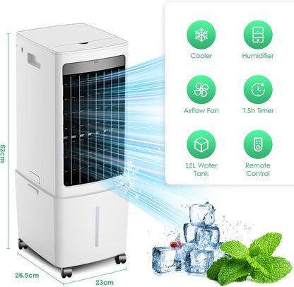  Refroidisseur D'air Portable 12L, Unité Mobile De Climatisation Avec Télécommande, Ventilateur De Tour Sans énergie De 45W, Minuterie De 7.5H, Oscillation, Refroidissement Silencieux Avec 4 Packs De G