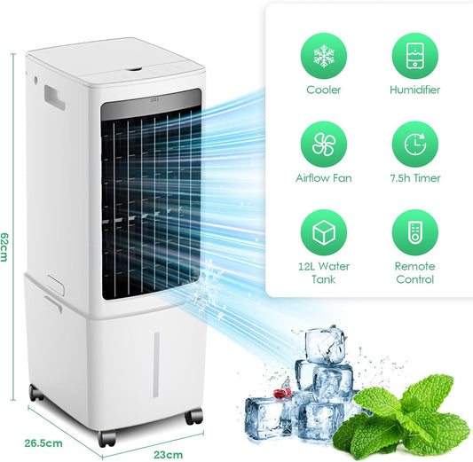  Refroidisseur D'air Portable 12L, Unité Mobile De Climatisation Avec Télécommande, Ventilateur De Tour Sans énergie De 45W, Minuterie De 7.5H, Oscillation, Refroidissement Silencieux Avec 4 Packs De G