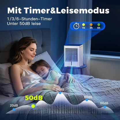  Climatiseur Mobile, 3 En 1 Mini Ventilateur Portable USB Avec Eau, 470ml, 3 Vitesses Et Minuterie, Sans Évacuation, Écran Tactile, Petit Rafraichisseur D'air Pour Chambre, Bureau Et Maison (Blanc)