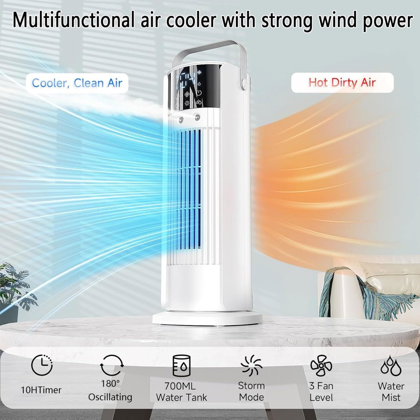 GENERIC Climatiseur Portable Avec Ventilateur Et Rafraîchisseur D'air Par évaporation, 3 Vitesses Et 3 Modes, Minuterie 10 H, Réservoir D'eau 700 ML, Télécommande, Humidificateur Et Circulateur D'ai
