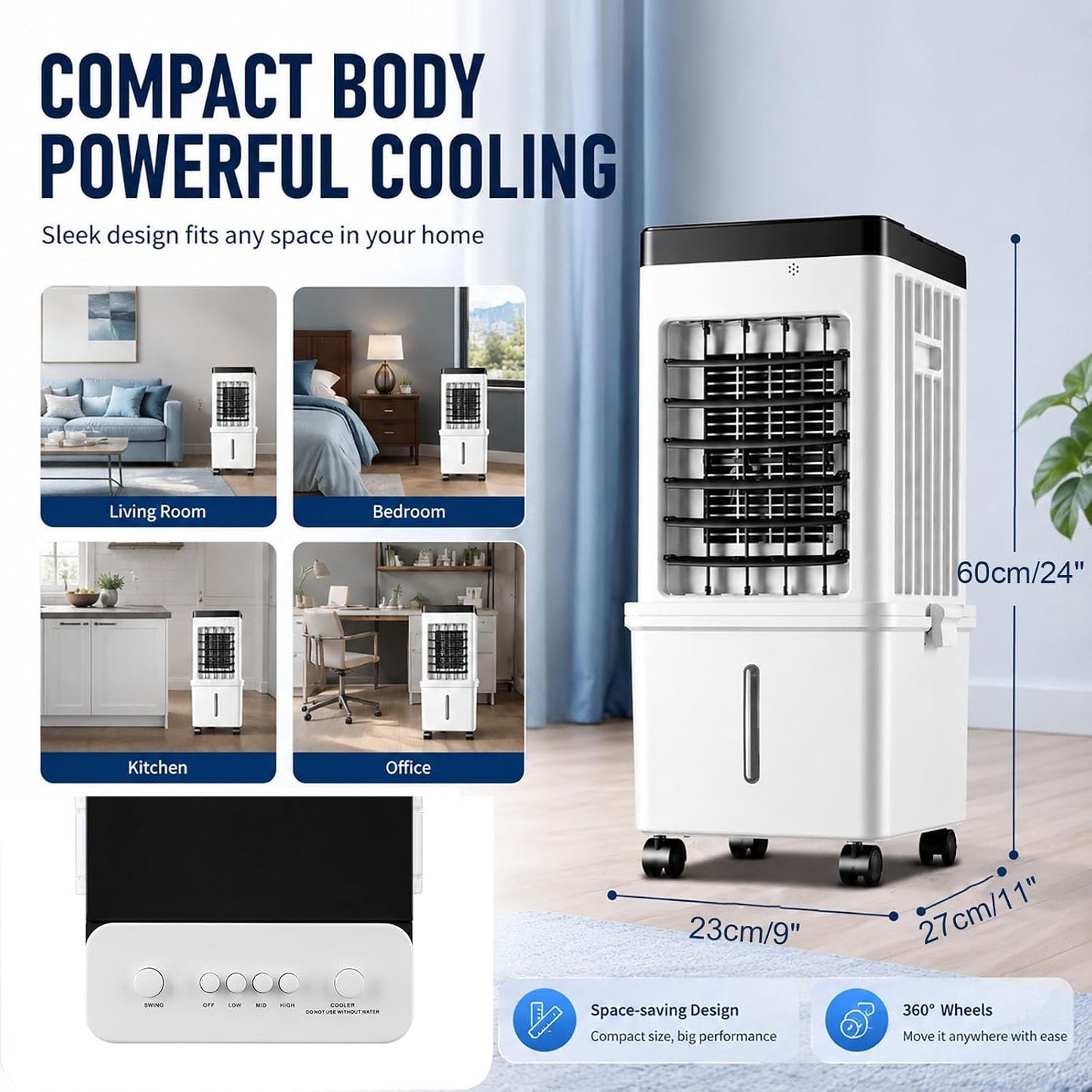  Rafraîchisseur D'Air Évaporatif, 15L Portable Avec Oscillation Auto 120°, Ventilateur Silencieux 3 Vitesses, Modes