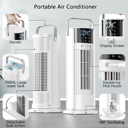 GENERIC Climatiseur Portable Avec Ventilateur Et Rafraîchisseur D'air Par évaporation, 3 Vitesses Et 3 Modes, Minuterie 10 H, Réservoir D'eau 700 ML, Télécommande, Humidificateur Et Circulateur D'ai