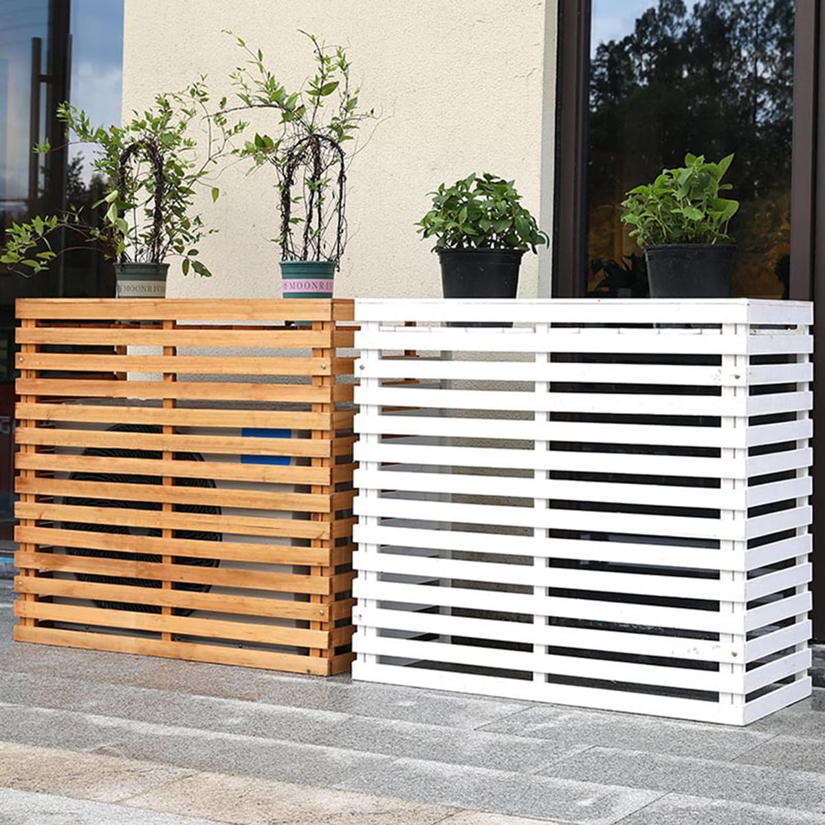 GENERIC Housse De Climatiseur D'extérieur En Bois Massif Avec Persiennes Et Support De Fleurs - Résistante Aux Intempéries - 85 X 35 X 80 Cm - Améliorez Votre Décoration De Terrasse