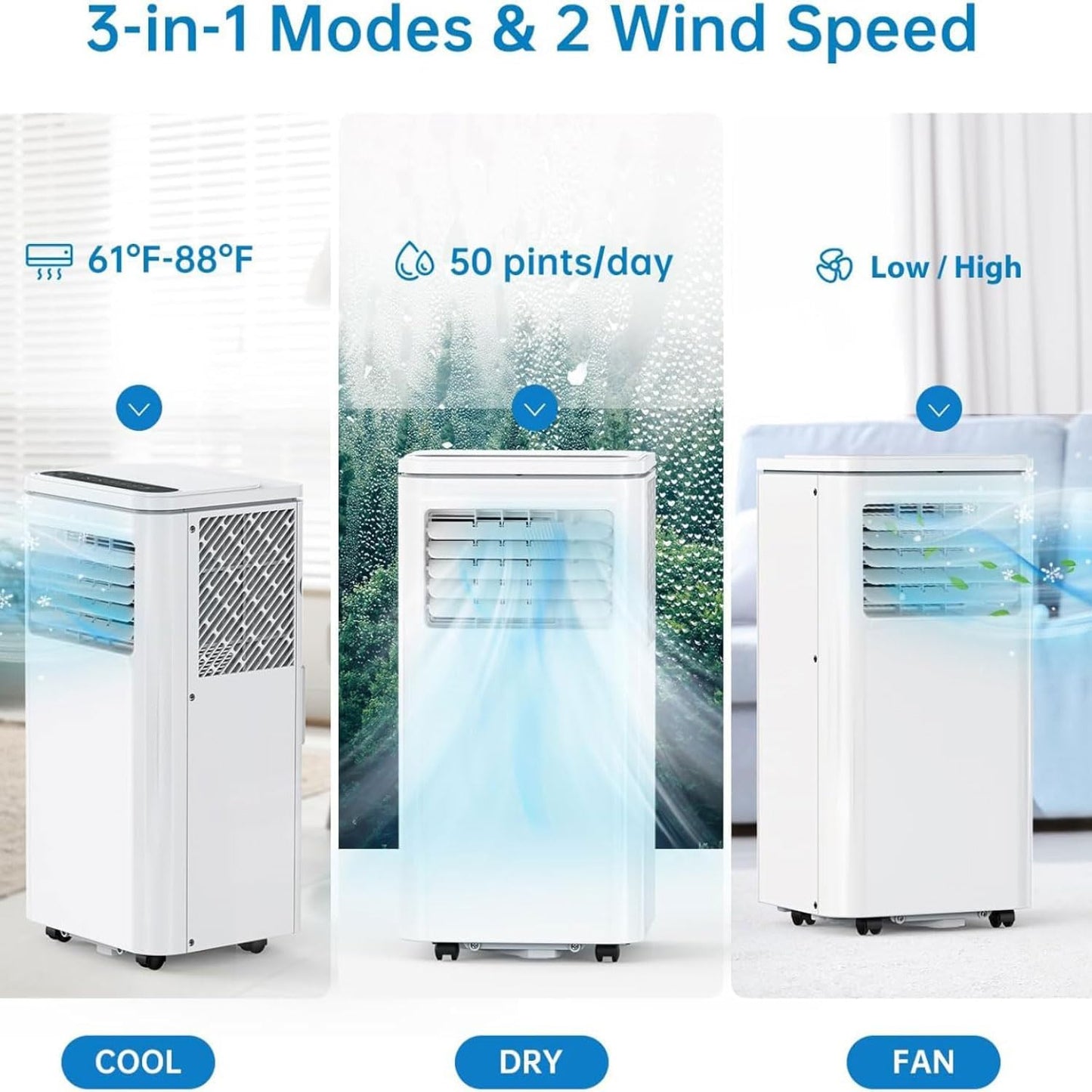  Climatiseur Portable Unité Intelligente Intelligente Avec Déshumidificateur Cool Et Modes Ventilateur Pour La Pièce Jusqu'à 350 Pieds Carrés, Télécommande, Minuterie 24 Heures, Kit D'installation