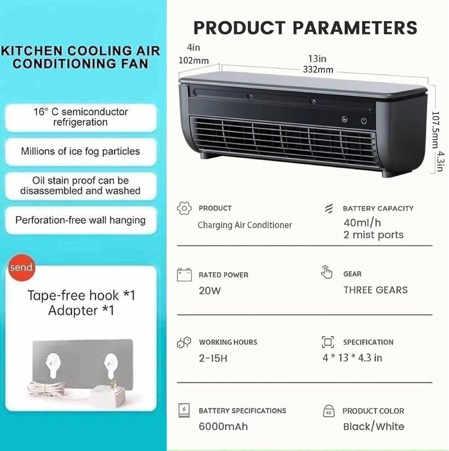  Pas De Ventilateur De Courant Alternatif Portable De Forage, 10s Refroidissement Rapide, Fonctionnement Silencieux 10dB, Moteur De Lévitation Magnétique, Mural Ou Veille, Réglages à 3 Vitesses Pour Le