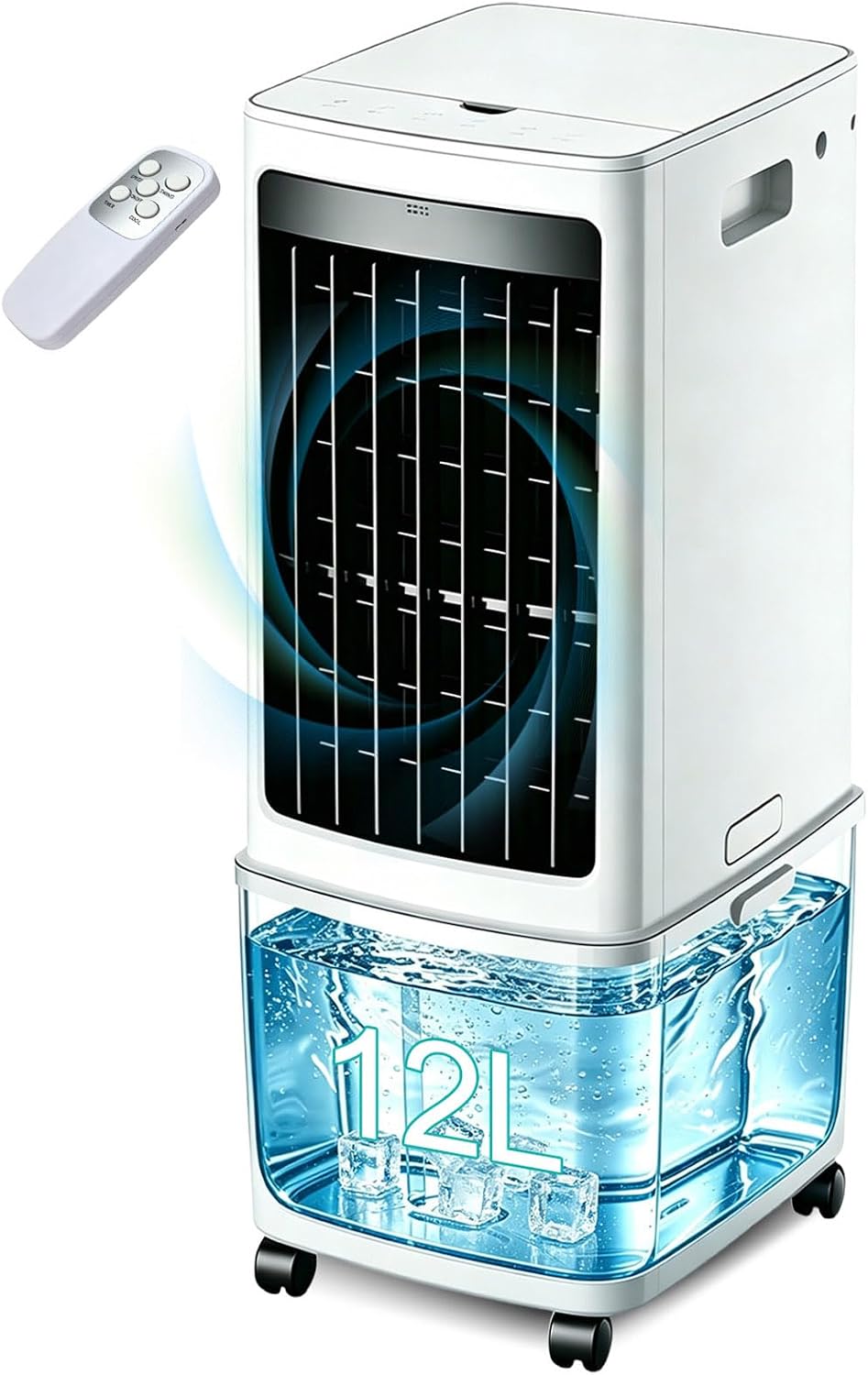  Refroidisseur D'air Portable 12L, Unité Mobile De Climatisation Avec Télécommande, Ventilateur De Tour Sans énergie De 45W, Minuterie De 7.5H, Oscillation, Refroidissement Silencieux Avec 4 Packs De G