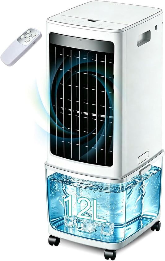  Refroidisseur D'air Portable 12L, Unité Mobile De Climatisation Avec Télécommande, Ventilateur De Tour Sans énergie De 45W, Minuterie De 7.5H, Oscillation, Refroidissement Silencieux Avec 4 Packs De G