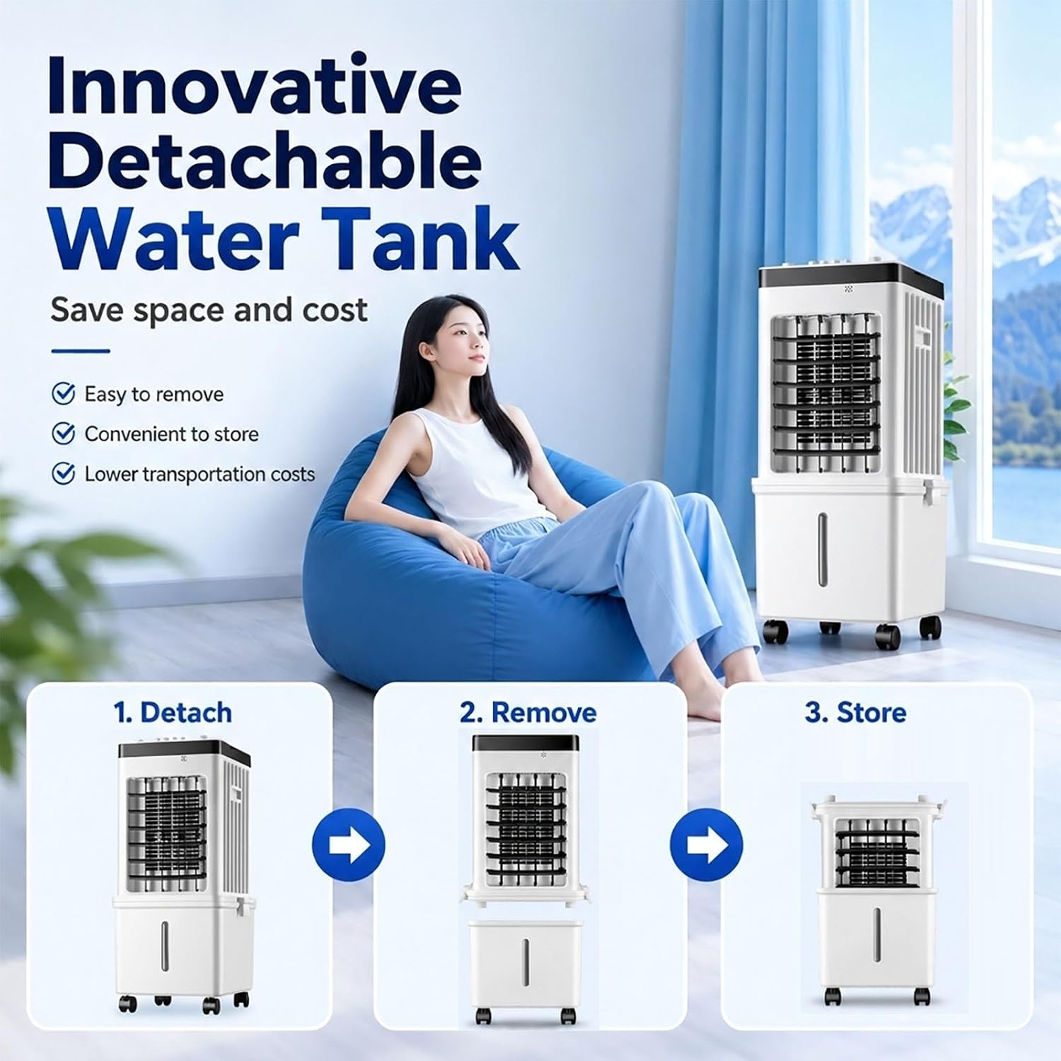  Rafraîchisseur D'Air Évaporatif, 15L Portable Avec Oscillation Auto 120°, Ventilateur Silencieux 3 Vitesses, Modes