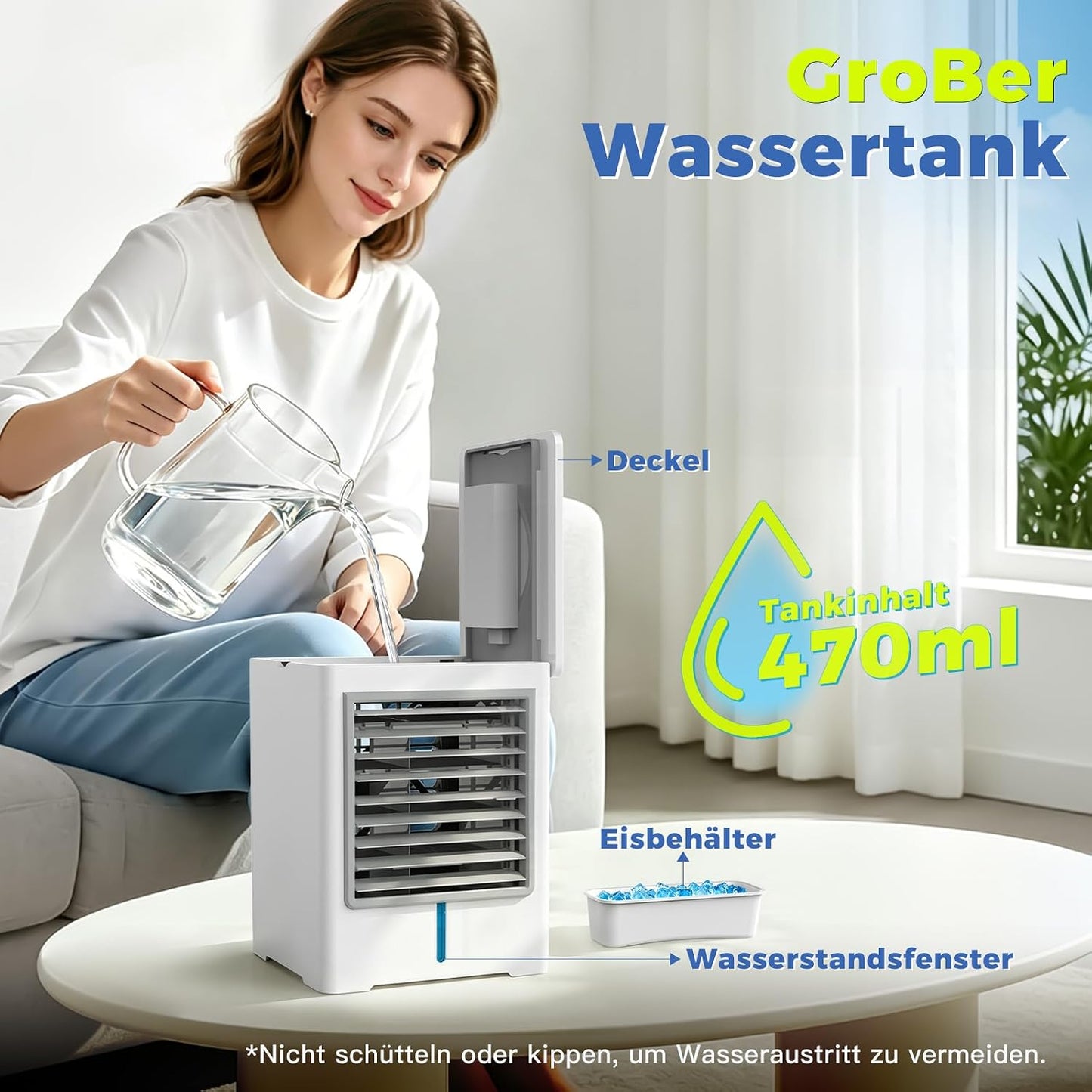  Climatiseur Mobile, 3 En 1 Mini Ventilateur Portable USB Avec Eau, 470ml, 3 Vitesses Et Minuterie, Sans Évacuation, Écran Tactile, Petit Rafraichisseur D'air Pour Chambre, Bureau Et Maison (Blanc)