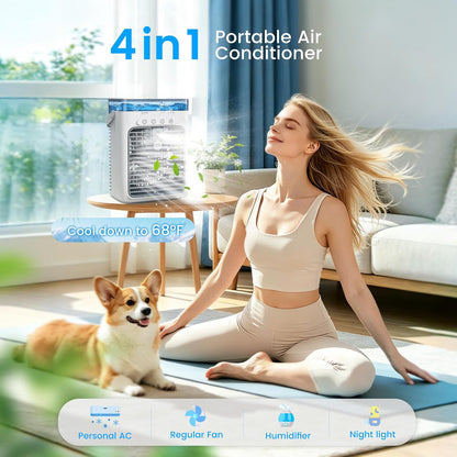  Climatiseur Mobile 4 En 1, Mini Climatiseur Portable Sans Évacuation, Ventilateur Climatiseur USB, 3 Vitesses, 2 Modes Brumisation, Réservoir 1000ML, Minuterie 2/4/8H, Silencieux Pour Chambre Voiture