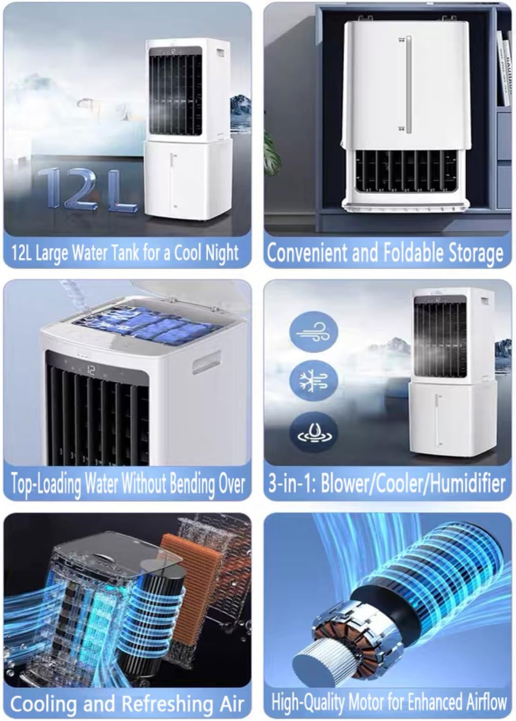 GENERIC Refroidisseur D'air évaporatif Portable 12L Tank Ice Packs 60W Quiet Fan 3 Vitesses Oscillant Humidificateur Pour La Maison Économie D'énergie Cool Breeze