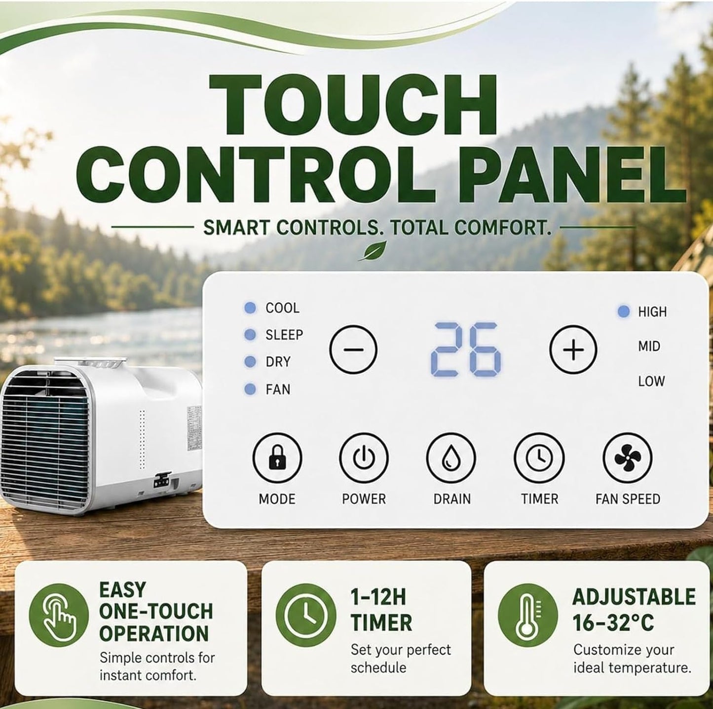  Climatiseur Portable, Climatiseur Mobile For Les Voyages En Camping-car Et Les Petites Pièces, Modes De Sommeil Sec Avec Ventilateur Frais 4 En 1, Facile à Transporter(1500W)