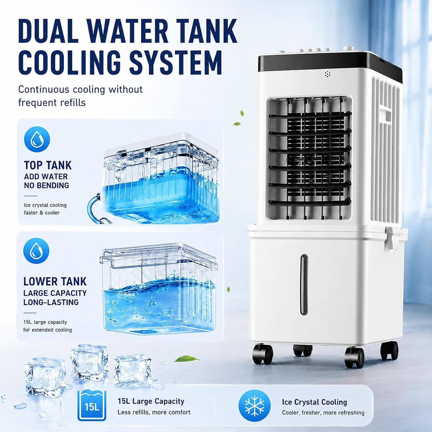  Rafraîchisseur D'Air Évaporatif, 15L Portable Avec Oscillation Auto 120°, Ventilateur Silencieux 3 Vitesses, Modes