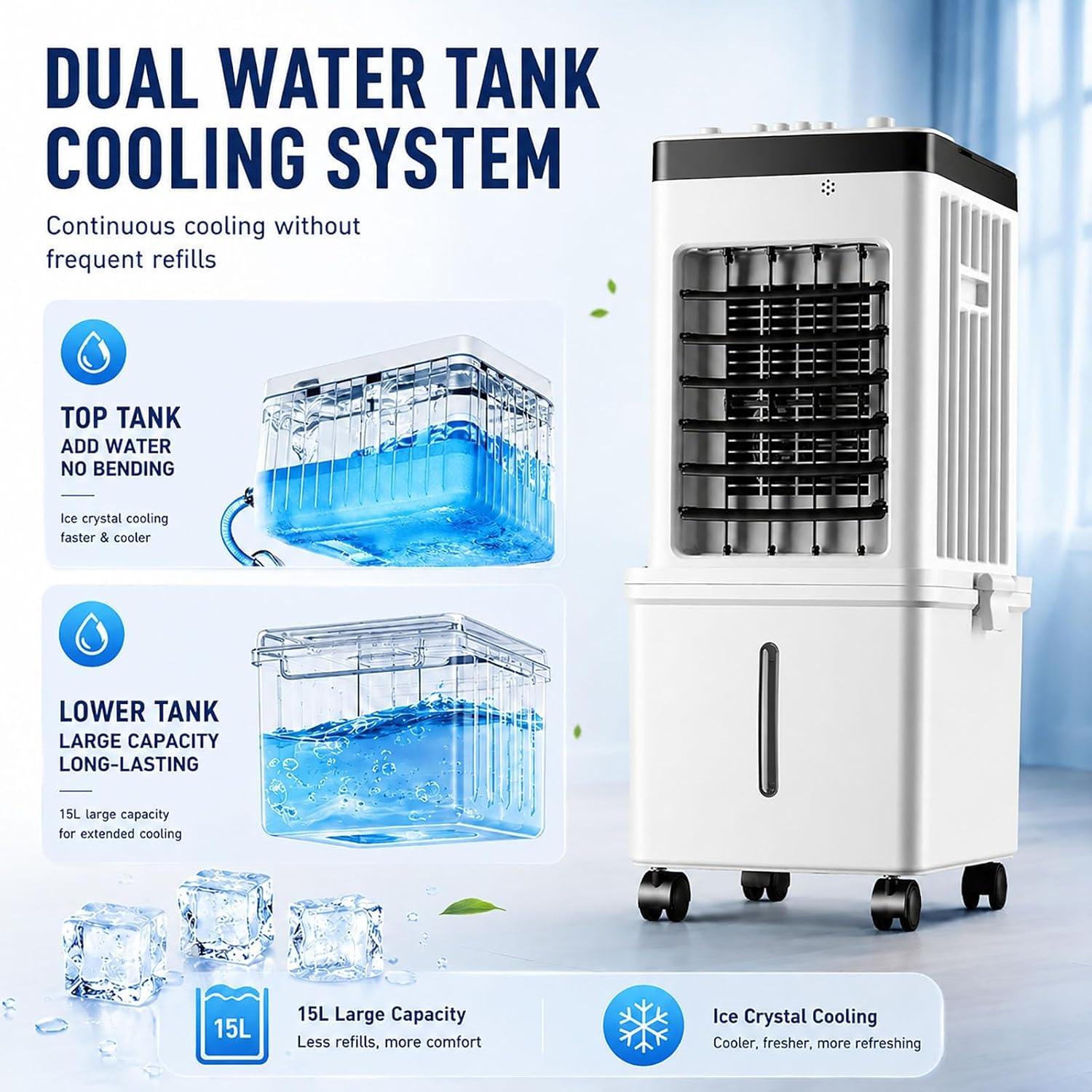  Rafraîchisseur D'Air Évaporatif, 15L Portable Avec Oscillation Auto 120°, Ventilateur Silencieux 3 Vitesses, Modes