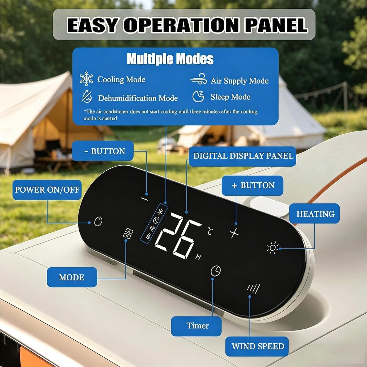  Climatisation Portable Pour Tente Et Camping-car, Auto-drainant Et Silencieux (<42dB), Télécommande, Fonctionnement Tactile, 3 Modes, 420W, Refroidisseur De Chambre Compact Sans Connexion De Fenêtre P