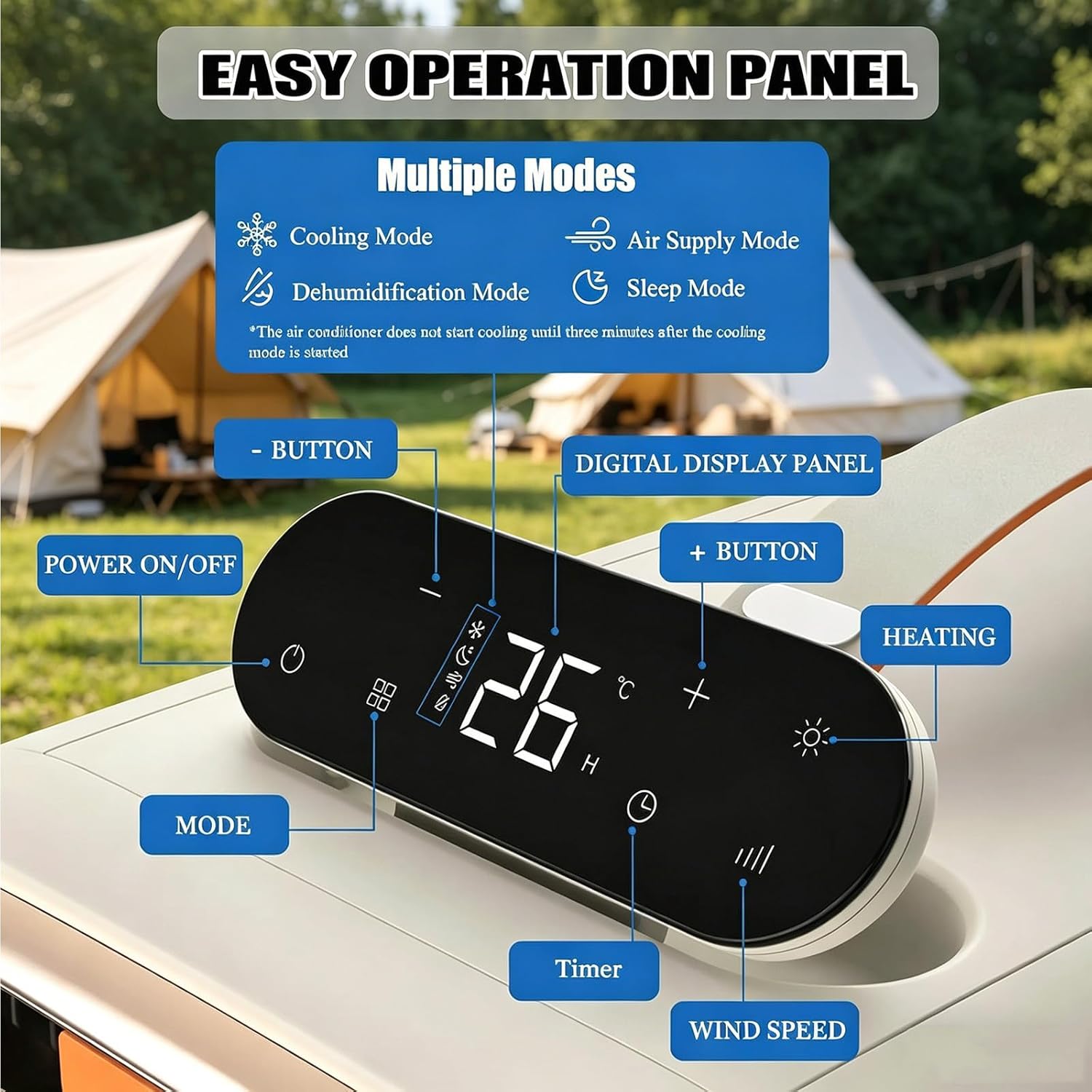  Climatisation Portable Pour Tente Et Camping-car, Auto-drainant Et Silencieux (<42dB), Télécommande, Fonctionnement Tactile, 3 Modes, 420W, Refroidisseur De Chambre Compact Sans Connexion De Fenêtre P