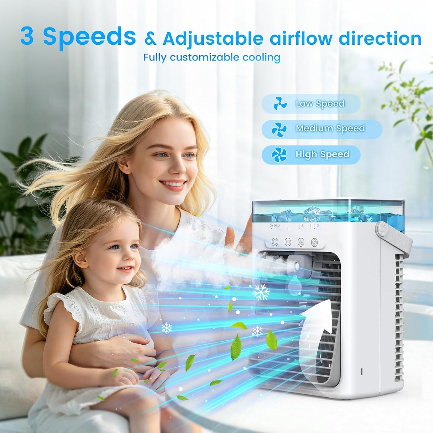  Climatiseur Mobile 4 En 1, Mini Climatiseur Portable Sans Évacuation, Ventilateur Climatiseur USB, 3 Vitesses, 2 Modes Brumisation, Réservoir 1000ML, Minuterie 2/4/8H, Silencieux Pour Chambre Voiture