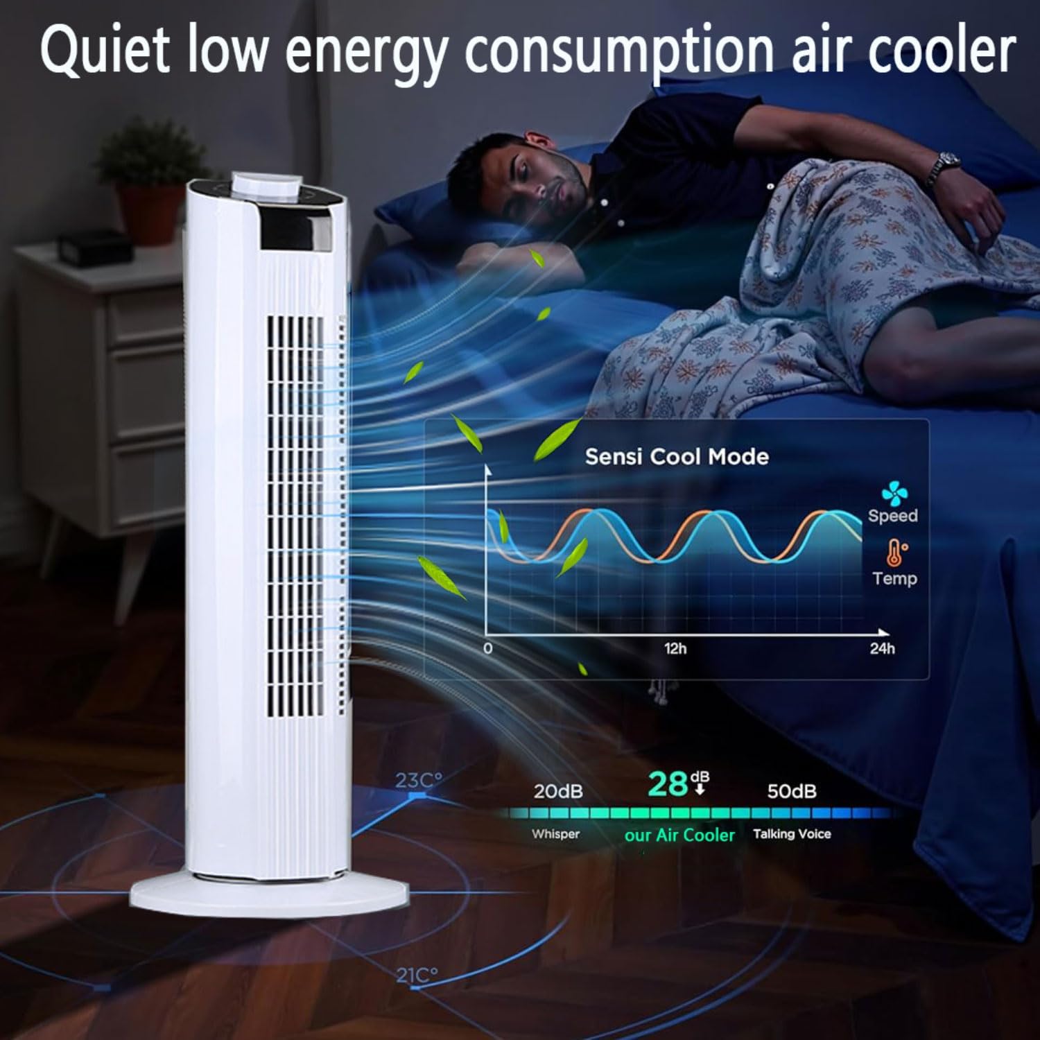 GENERIC Ventilateur De Tour Calme Pour Chambre à Coucher, 3 Vitesses Et 60 Oscillations Refroidisseur D'air Portable Avec Télécommande, 12H Minuterie Mode De Sommeil Circulateur Compact Pour Le Bureau à Domic