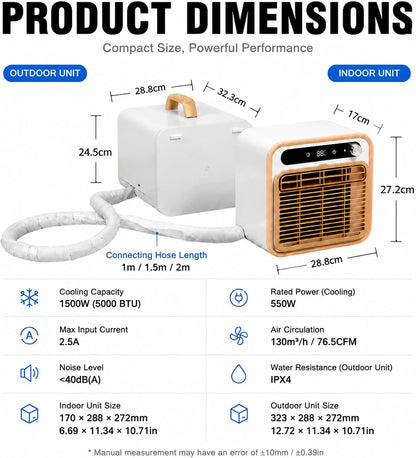  Mini Climatiseur Mobile 5000 BTU, Climatiseur Tente 1m | Modèle Split Silencieux, Rafraîchisseur D'air De Table Pour Chambre Bureau, Option Tuyau 1m/1.5m/2m Sans Eau