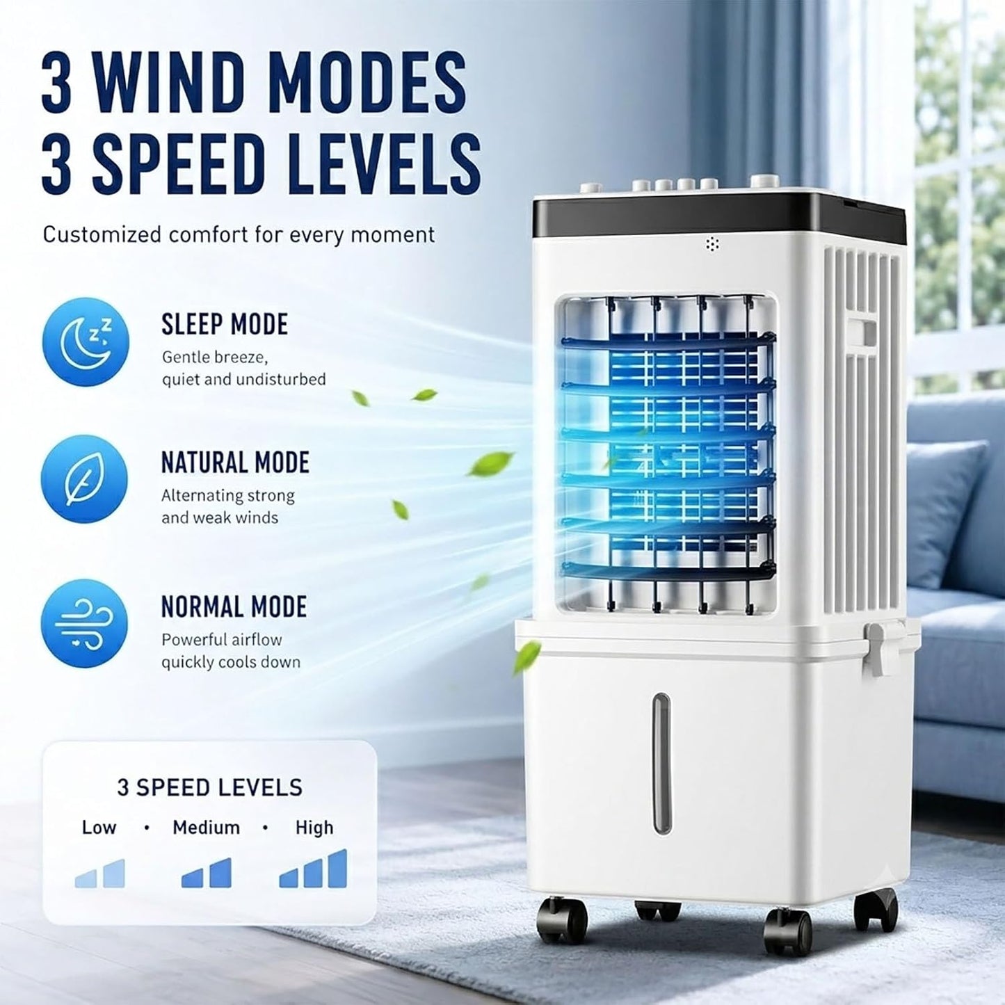  Rafraîchisseur D'Air Évaporatif, 15L Portable Avec Oscillation Auto 120°, Ventilateur Silencieux 3 Vitesses, Modes