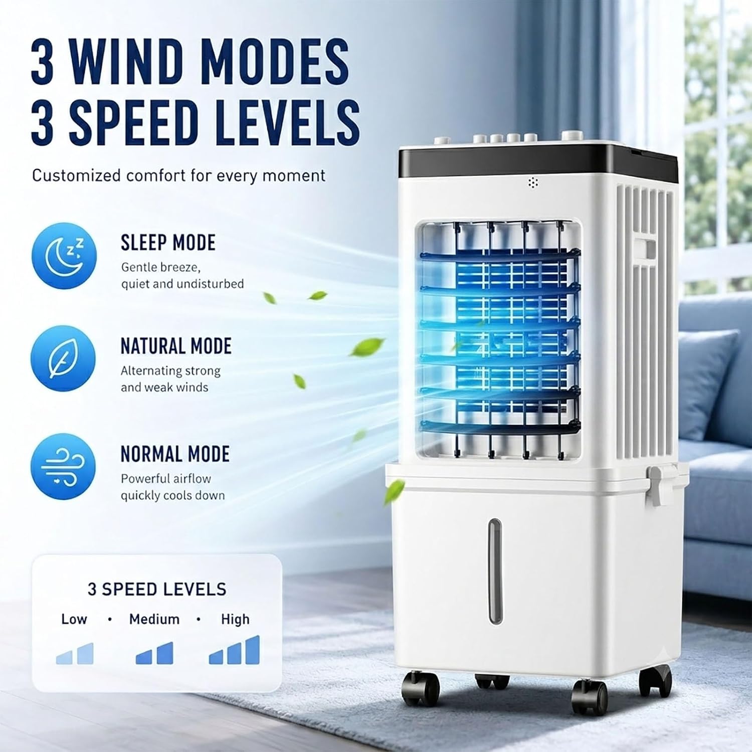  Rafraîchisseur D'Air Évaporatif, 15L Portable Avec Oscillation Auto 120°, Ventilateur Silencieux 3 Vitesses, Modes