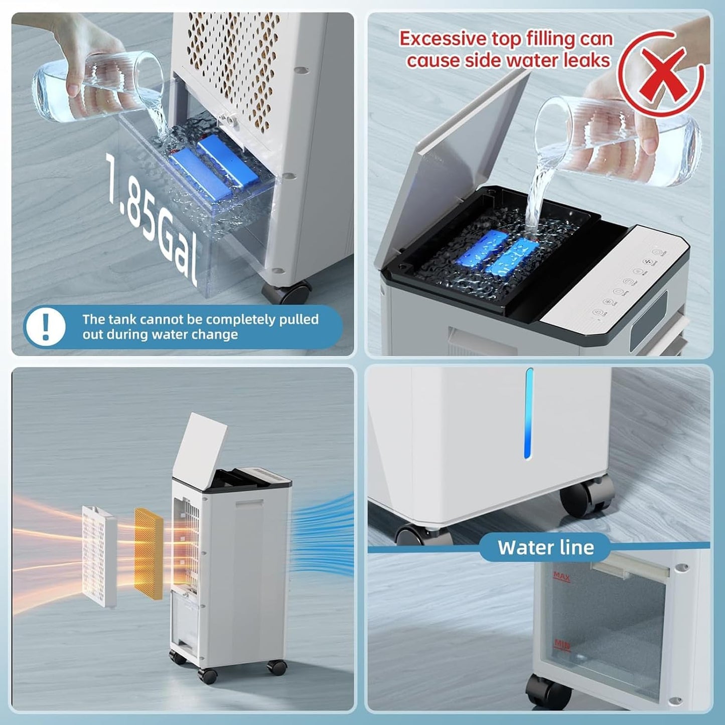  Climatiseur Mobile, 3 En 1 Rafraichisseur D'air Silencieux Sans Évacuation Avec 10L Large Réservoir D'eau, 3 Vitesses, 60°Oscillation, Climatiseur Portable