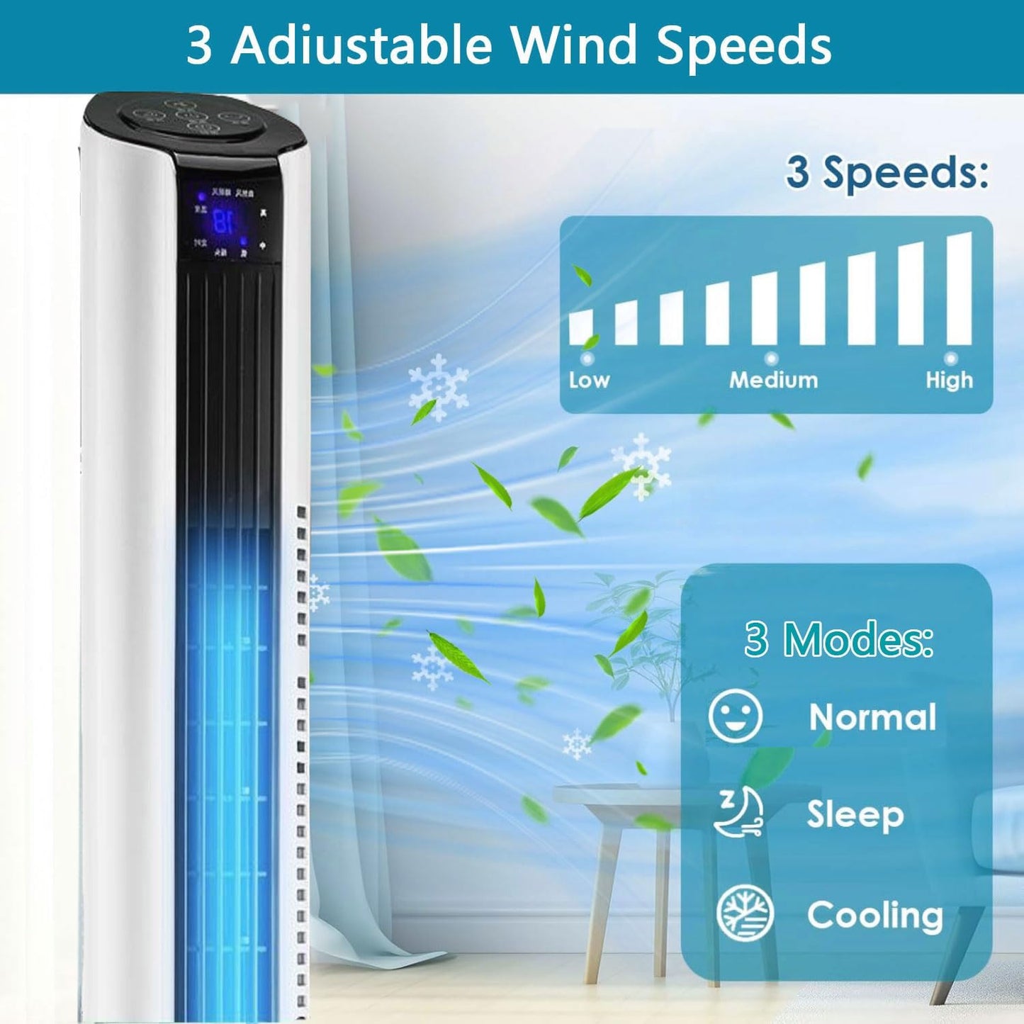 GENERIC Ventilateur De Tour Calme Pour Chambre à Coucher, 3 Vitesses Et 60 Oscillations Refroidisseur D'air Portable Avec Télécommande, 12H Minuterie Mode De Sommeil Circulateur Compact Pour Le Bureau à Domic