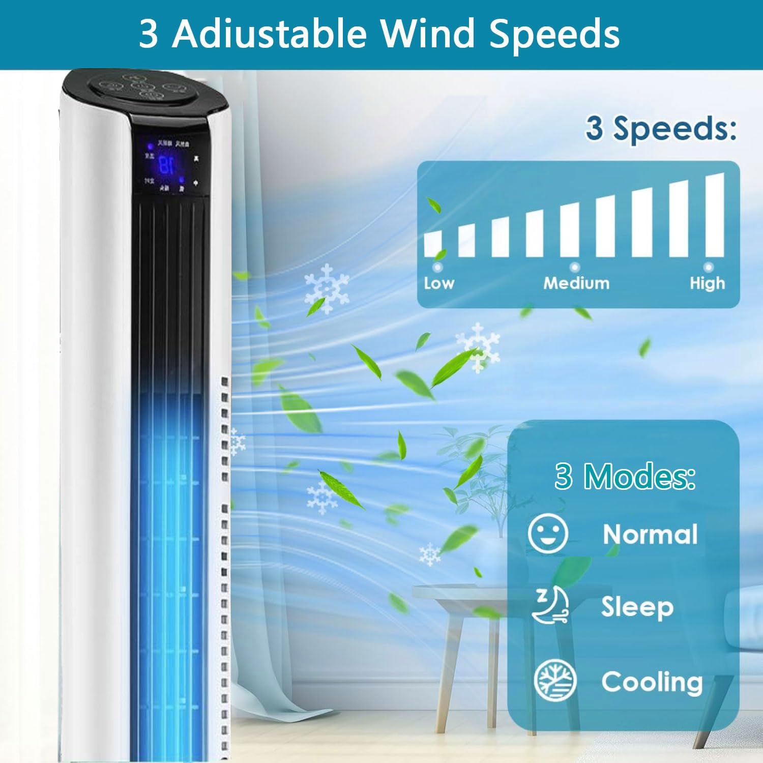 GENERIC Ventilateur De Tour Calme Pour Chambre à Coucher, 3 Vitesses Et 60 Oscillations Refroidisseur D'air Portable Avec Télécommande, 12H Minuterie Mode De Sommeil Circulateur Compact Pour Le Bureau à Domic