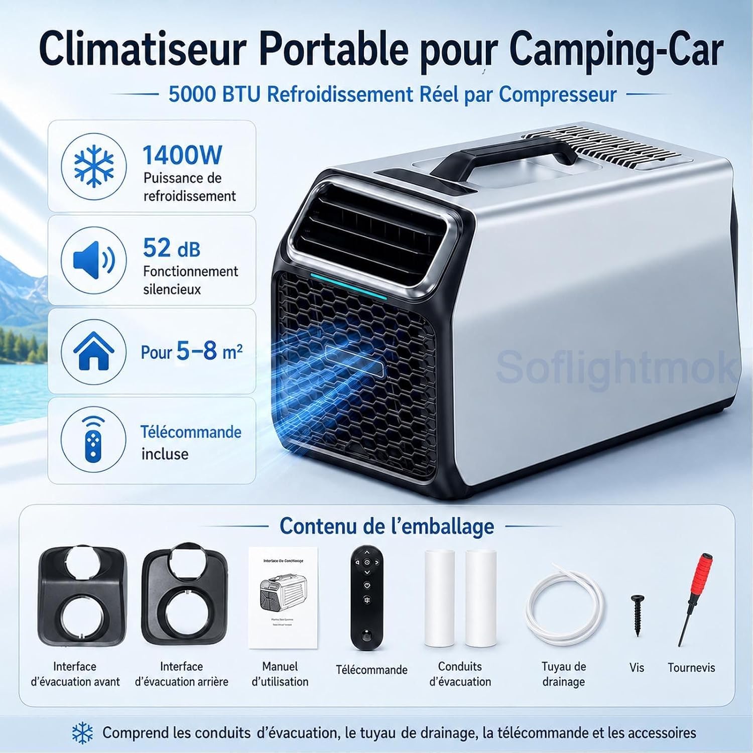  Climatiseur Mobile 5000 BTU Pour Petite Chambre Et Van Grey-220V | 5000 BTU, Télécommande Et Format Compact Pour Profiter D’un Air Frais En Voyage, à La Maison Ou En Atelier.