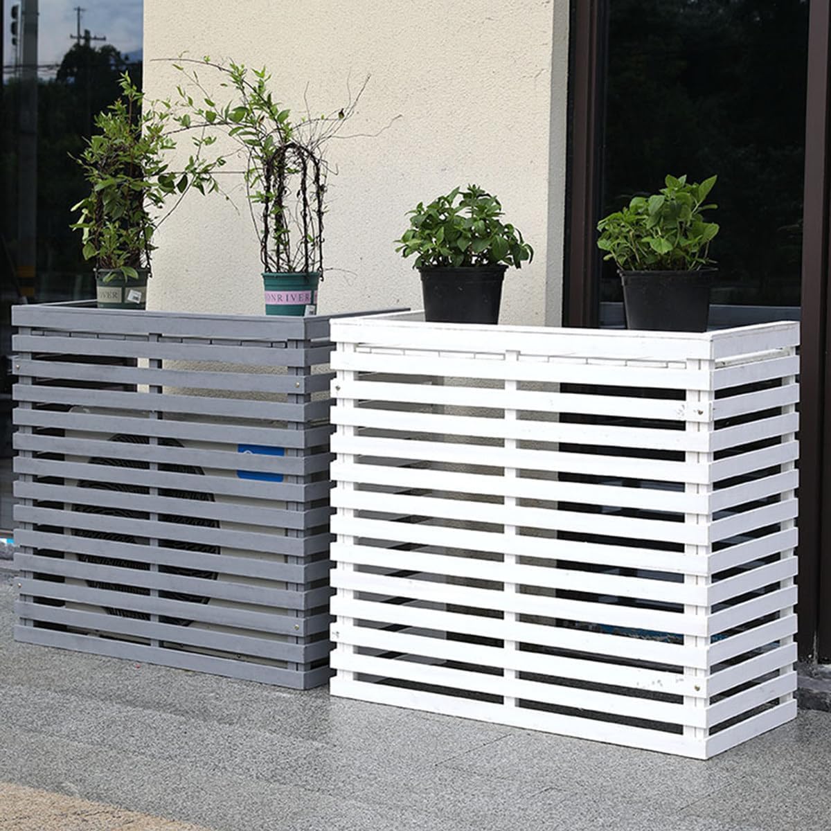 GENERIC Housse De Climatiseur D'extérieur En Bois Massif Avec Persiennes Et Support De Fleurs - Résistante Aux Intempéries - 85 X 35 X 80 Cm - Améliorez Votre Décoration De Terrasse