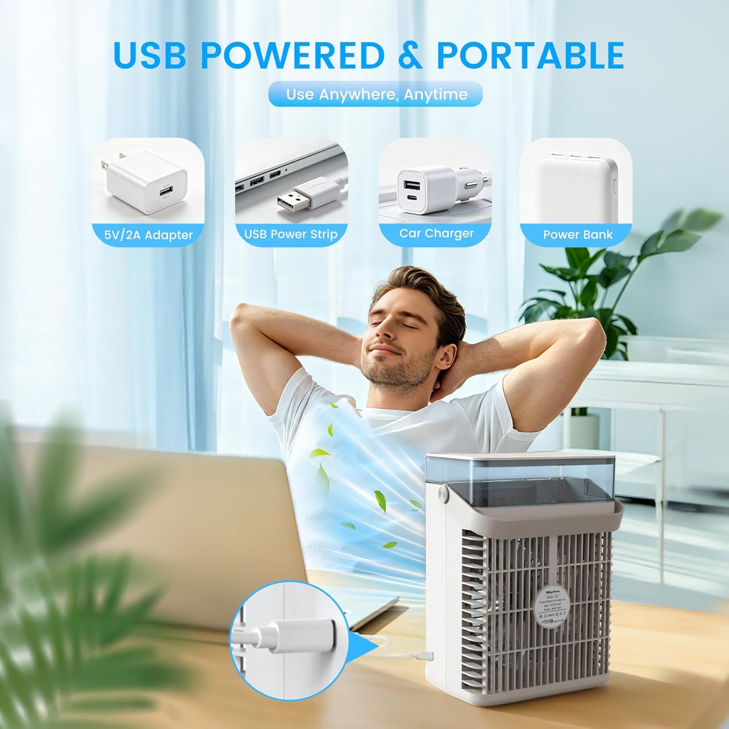  Climatiseur Mobile 4 En 1, Mini Climatiseur Portable Sans Évacuation, Ventilateur Climatiseur USB, 3 Vitesses, 2 Modes Brumisation, Réservoir 1000ML, Minuterie 2/4/8H, Silencieux Pour Chambre Voiture