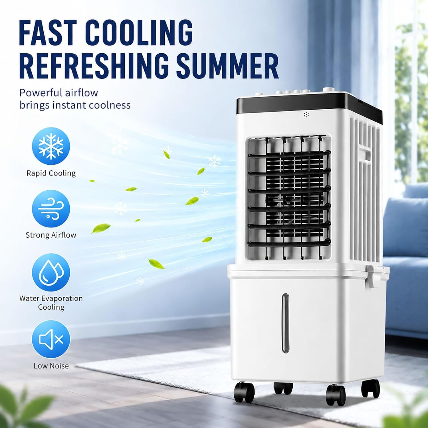  Rafraîchisseur D'Air Évaporatif, 15L Portable Avec Oscillation Auto 120°, Ventilateur Silencieux 3 Vitesses, Modes