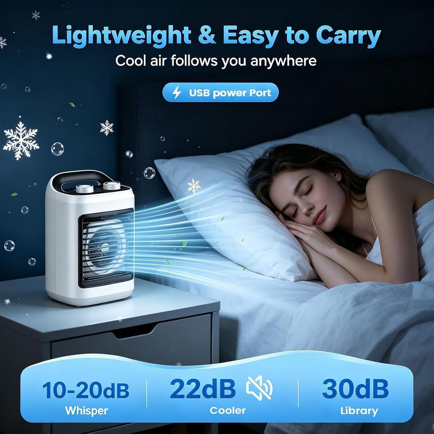  Mini Climatiseur D'Air Portatif - Avec Réservoir D'Eau De 180 Ml, Rechargeable Par USB Et 6 Vitesses,Mini Ventilateur Rafraîchisseur D'Air Portable | Adapté Pour Chambre, Salon, Cuisine, Bureau Et Dor