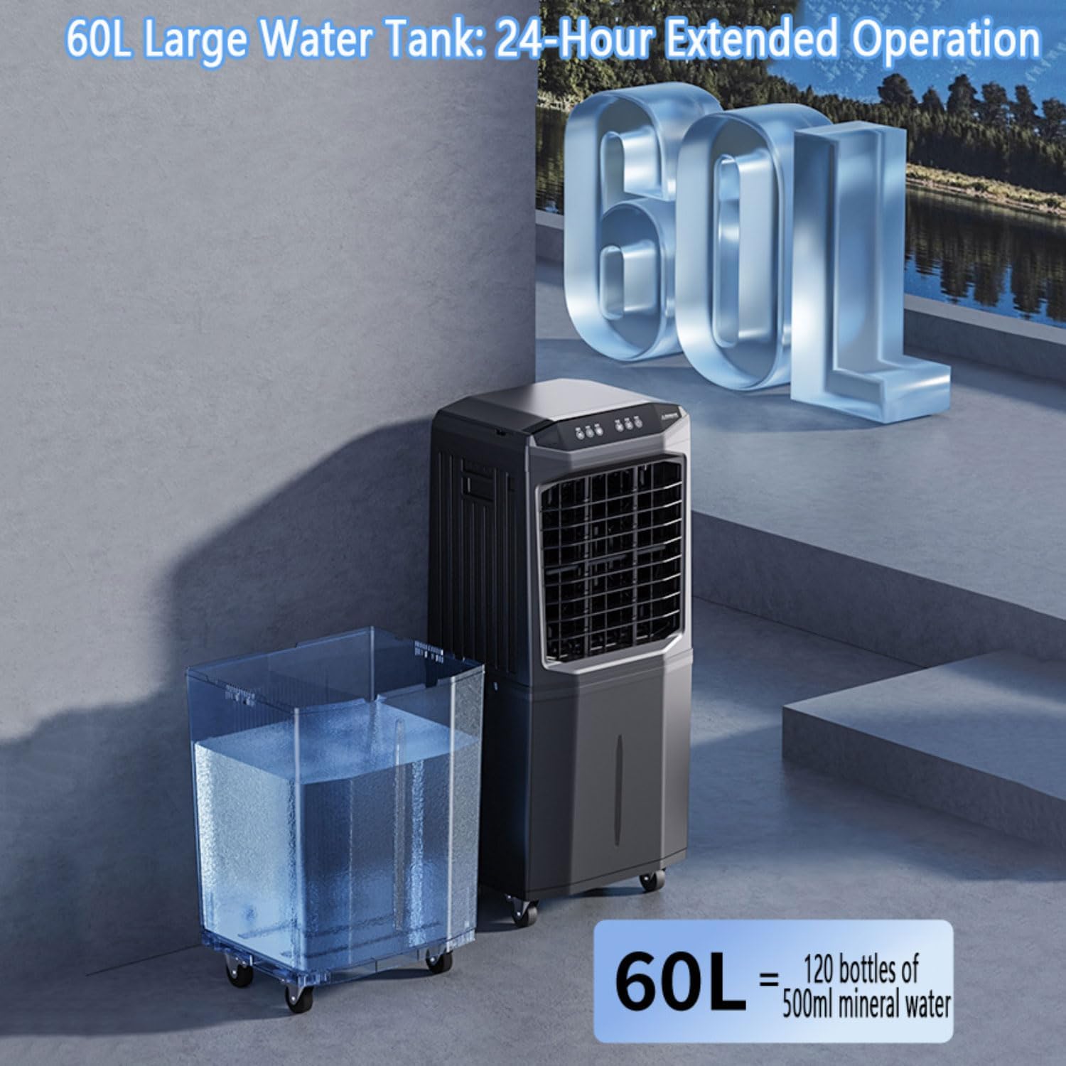 GENERIC Climatiseur Portable à évaporation Avec Réservoir De 60 L, Oscillation à 120°, Ultra Silencieux, Minuterie 12 H, Télécommande, Pour Appartement, Garage Ou Extérieur.