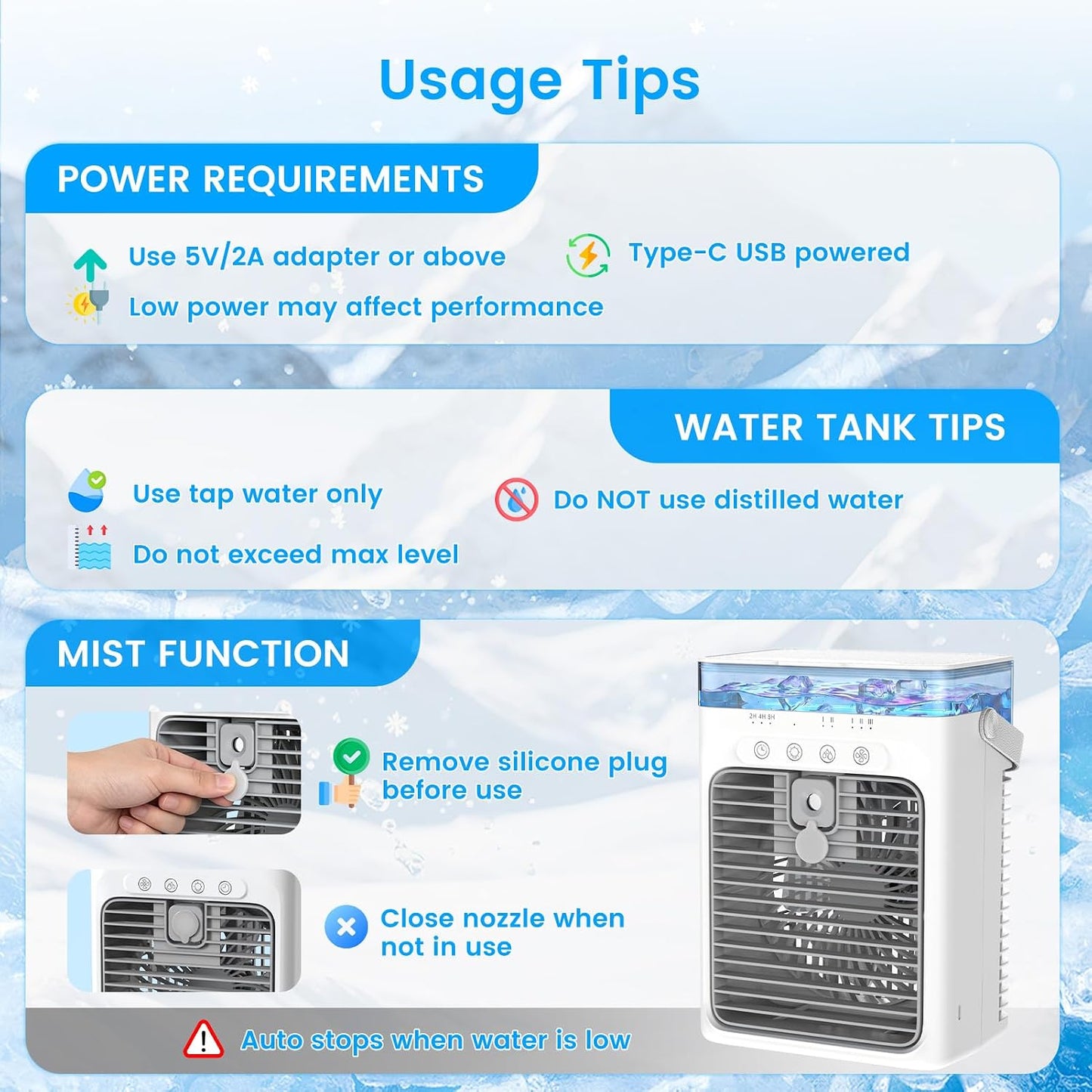  Climatiseur Mobile 4 En 1, Mini Climatiseur Portable Sans Évacuation, Ventilateur Climatiseur USB, 3 Vitesses, 2 Modes Brumisation, Réservoir 1000ML, Minuterie 2/4/8H, Silencieux Pour Chambre Voiture